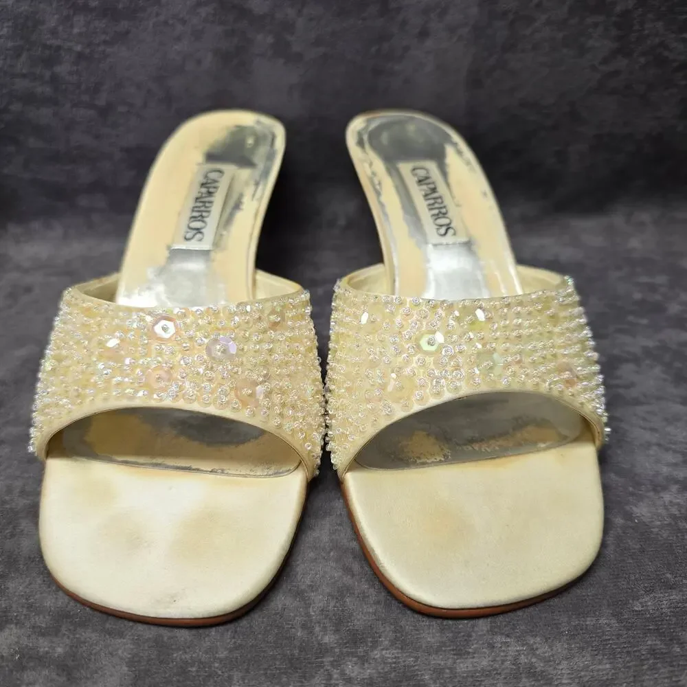 Caparros White Sequin Open Toe Slide On High Heels Mules Women's Size 8B